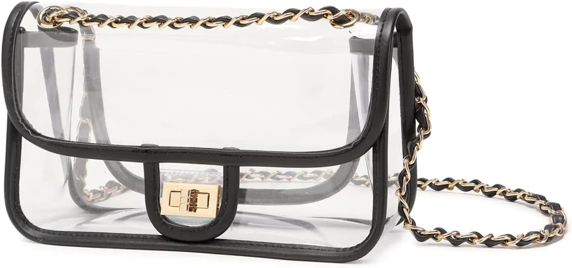 Womens PVC Clear Purse Handbag with Chain Stadium Approved Clear Bag See Through Bag for Working and Concert