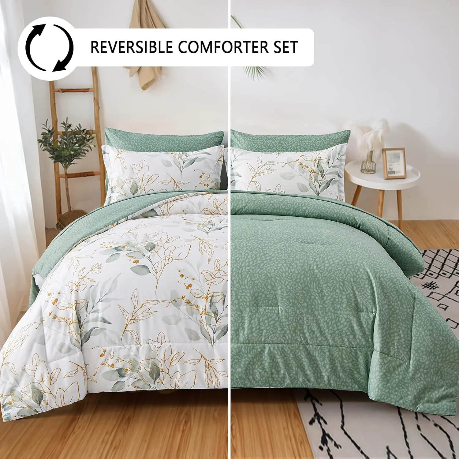 WONGS BEDDING 7 Pieces Floral Bed in a Bag King, Botanical Comforter Set Reversible Green Gold Leaves Bedding Set Microfiber King (1 Comforter,2 Pillowcase,2 Pillow Shams,1 Flat Sheet,1 Fitted Sheet)