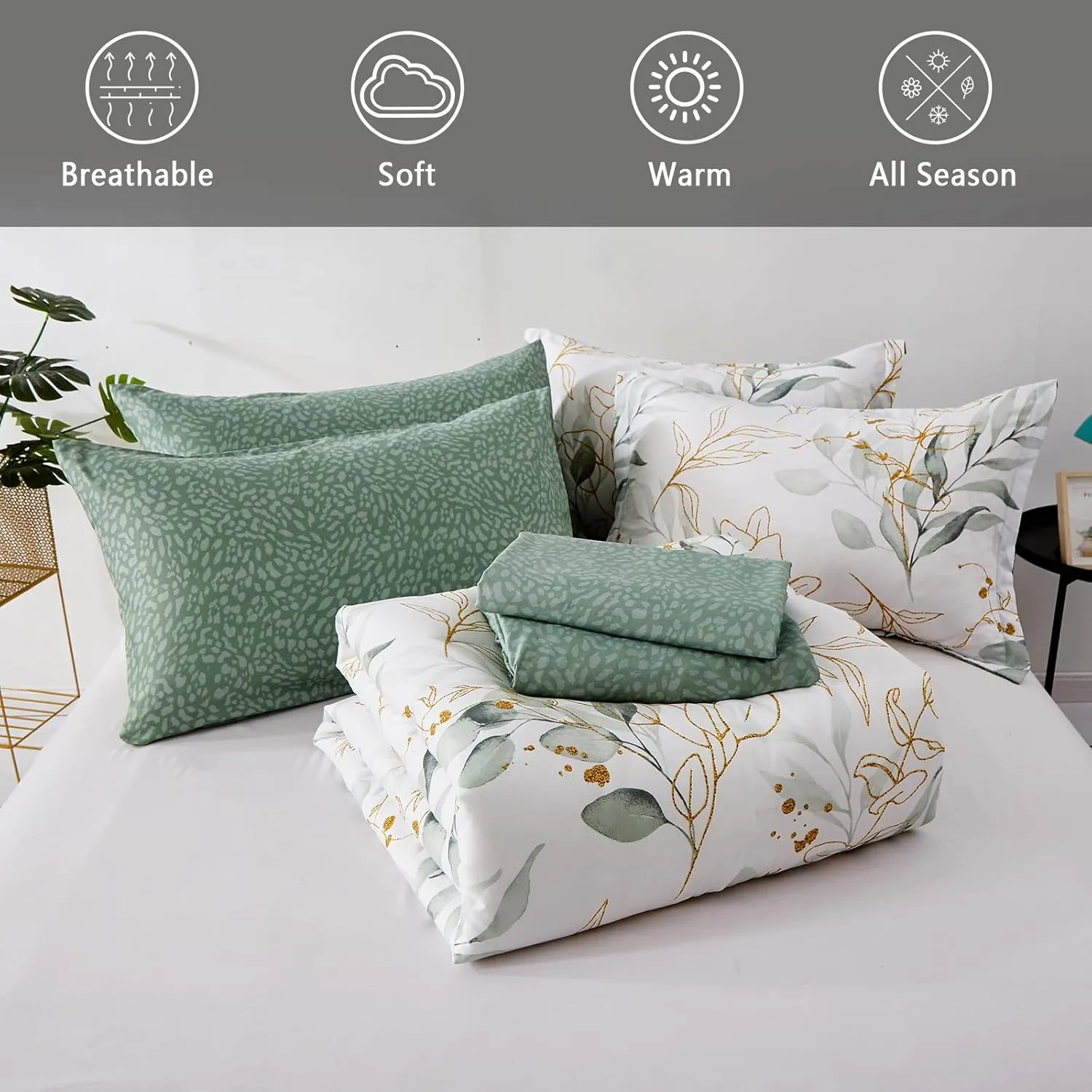 WONGS BEDDING 7 Pieces Floral Bed in a Bag King, Botanical Comforter Set Reversible Green Gold Leaves Bedding Set Microfiber King (1 Comforter,2 Pillowcase,2 Pillow Shams,1 Flat Sheet,1 Fitted Sheet)
