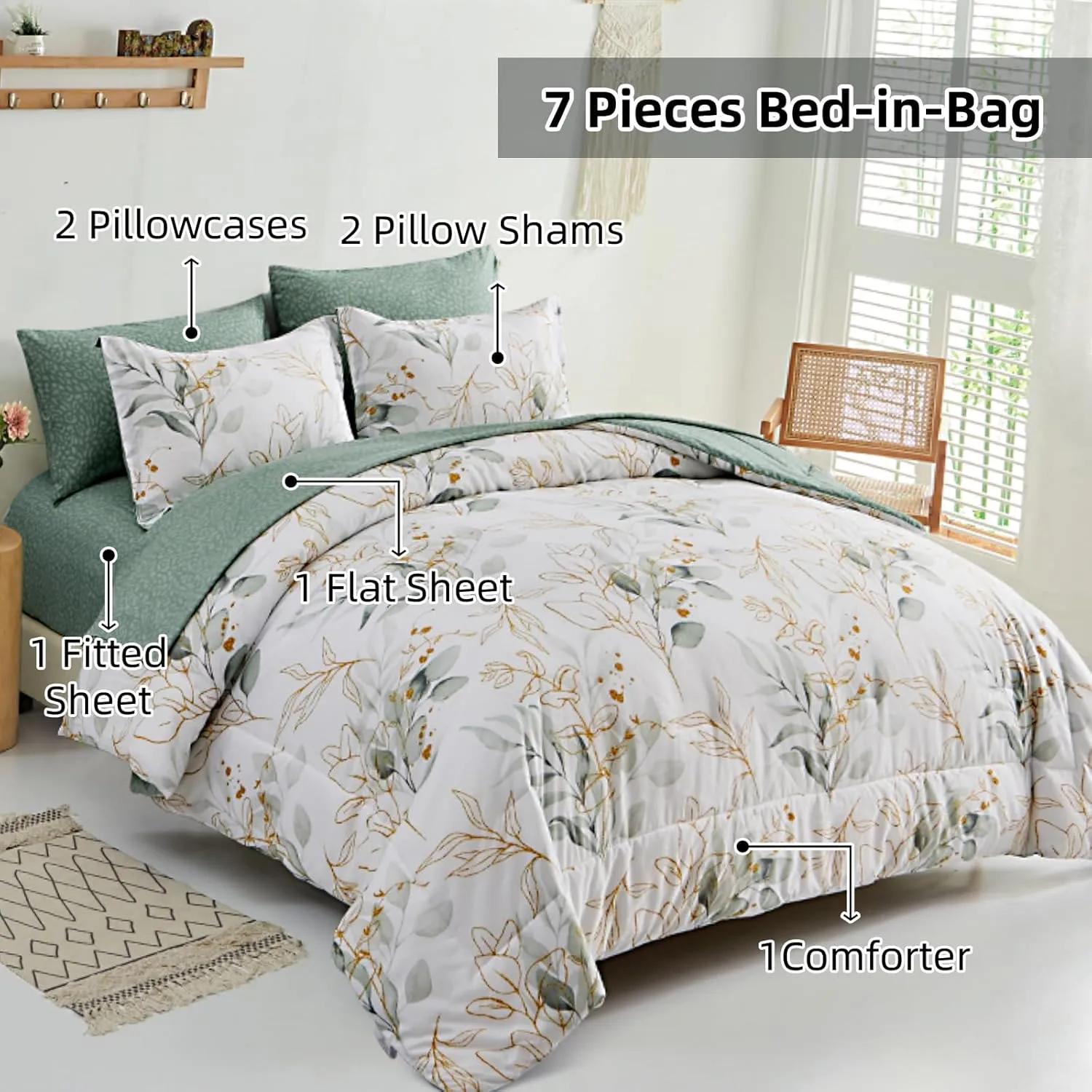 WONGS BEDDING 7 Pieces Floral Bed in a Bag King, Botanical Comforter Set Reversible Green Gold Leaves Bedding Set Microfiber King (1 Comforter,2 Pillowcase,2 Pillow Shams,1 Flat Sheet,1 Fitted Sheet)