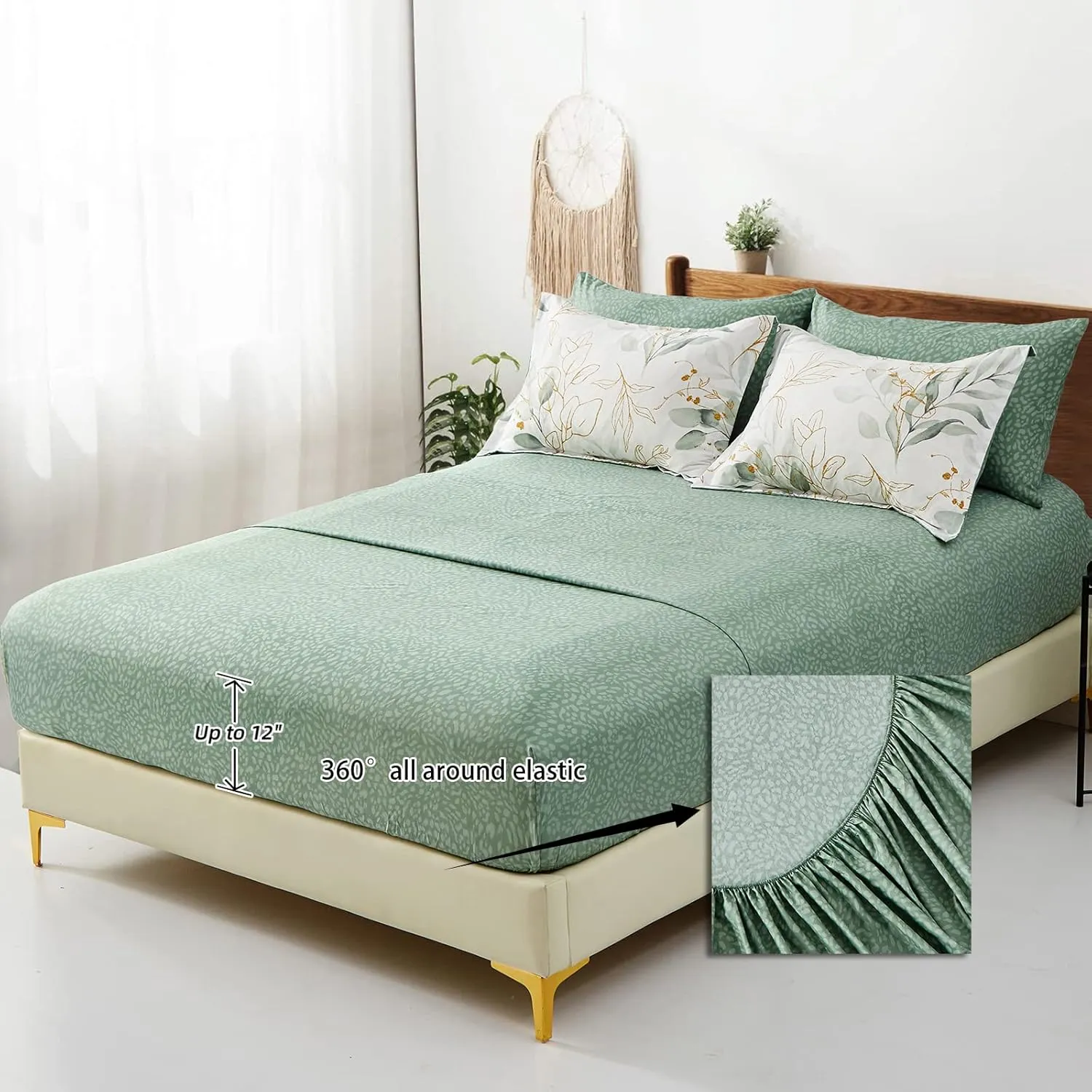 WONGS BEDDING 7 Pieces Floral Bed in a Bag King, Botanical Comforter Set Reversible Green Gold Leaves Bedding Set Microfiber King (1 Comforter,2 Pillowcase,2 Pillow Shams,1 Flat Sheet,1 Fitted Sheet)