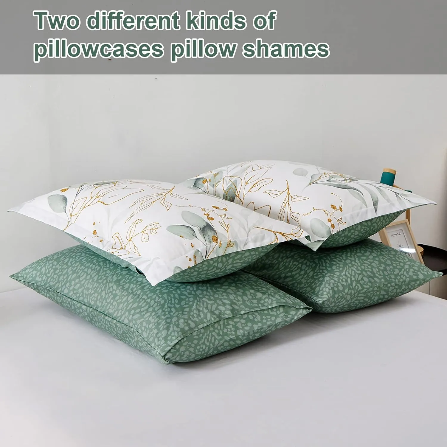 WONGS BEDDING 7 Pieces Floral Bed in a Bag King, Botanical Comforter Set Reversible Green Gold Leaves Bedding Set Microfiber King (1 Comforter,2 Pillowcase,2 Pillow Shams,1 Flat Sheet,1 Fitted Sheet)