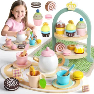 Wooden Tea Party Set for Little Girls, Toddler Tea Set with Picnic Mat & Cupcake Toys, Food Pretend Play Kitchen Accessories for Toddlers 2 3 4 5 6 Years Old, Wooden Toys Kids Girls Birthday Gifts 3-6