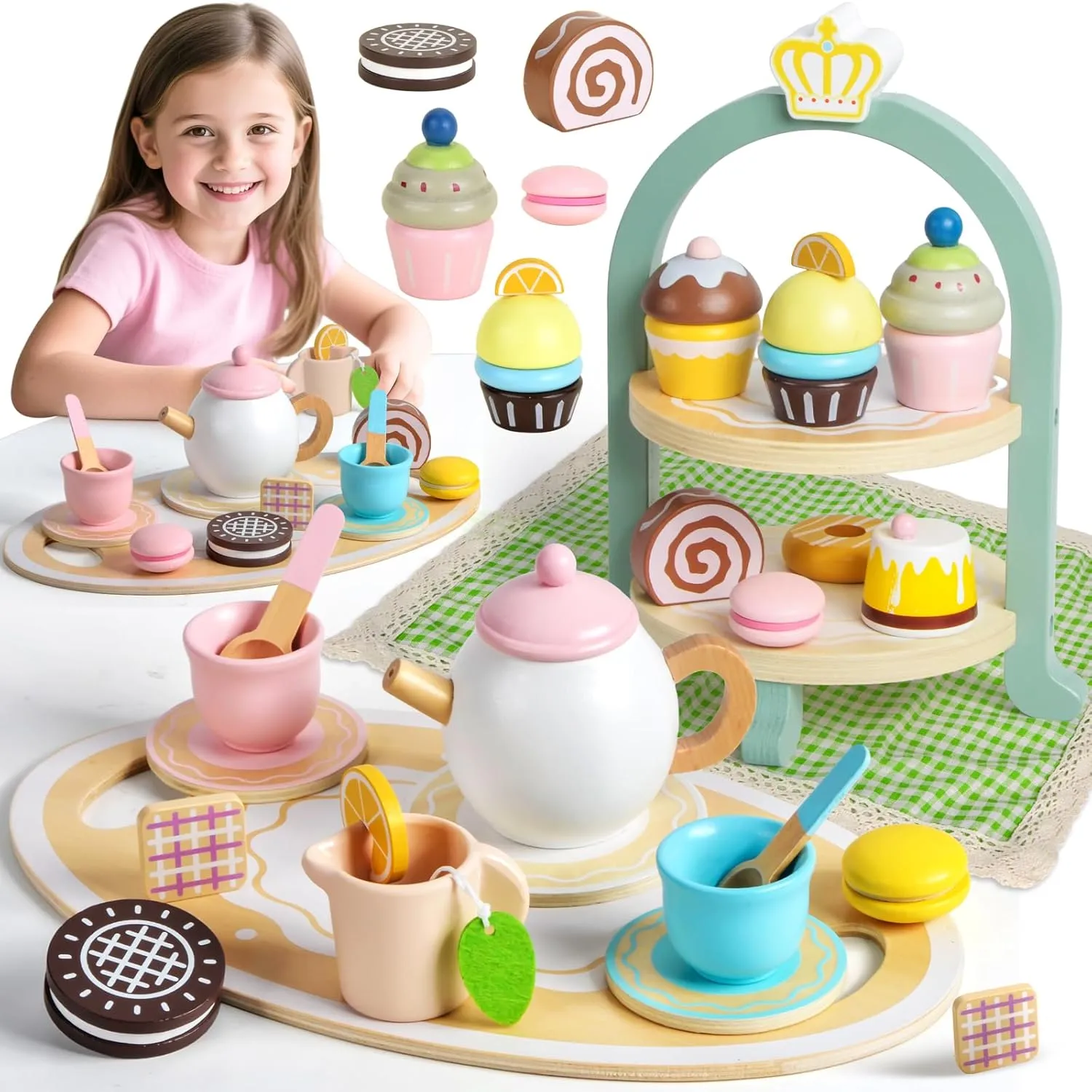 Wooden Tea Party Set for Little Girls, Toddler Tea Set with Picnic Mat & Cupcake Toys, Food Pretend Play Kitchen Accessories for Toddlers 2 3 4 5 6 Years Old, Wooden Toys Kids Girls Birthday Gifts 3-6