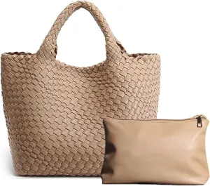 Woven Bag for Women, Soft Vegan Leather Tote Bag Large Summer Beach Travel Handbag Shoulder Bags with Purse