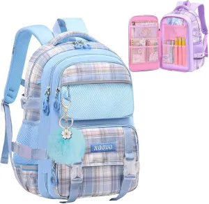 WYCY School Backpacks for Girls Kawaii Backpack Large Capacity Kids School Bag for Girls 6-12 Years Old (Plaid Blue)