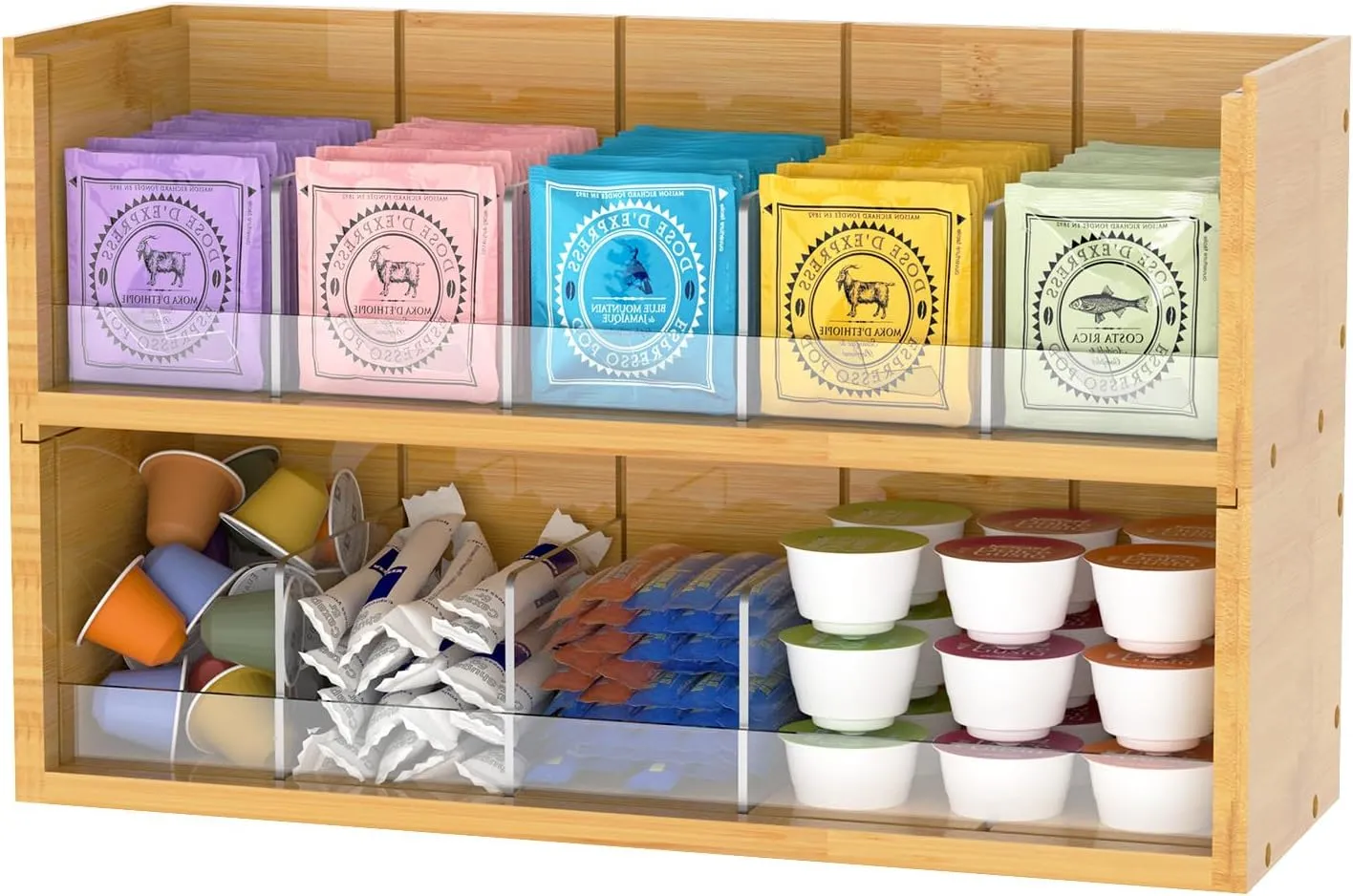 X-cosrack Bamboo Tea Bag Organizer Storage Box, 2-Tier Stackable Tea Box for Countertop, Wall Mount Tea Bag Holder, Tea Storage Chest Natural Wood for Office Kitchen Cabinet Pantry