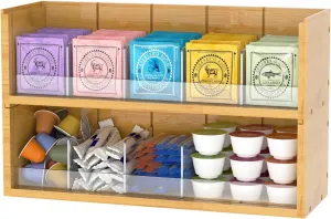 X-cosrack Bamboo Tea Bag Organizer Storage Box, 2-Tier Stackable Tea Box for Countertop, Wall Mount Tea Bag Holder, Tea Storage Chest Natural Wood for Office Kitchen Cabinet Pantry