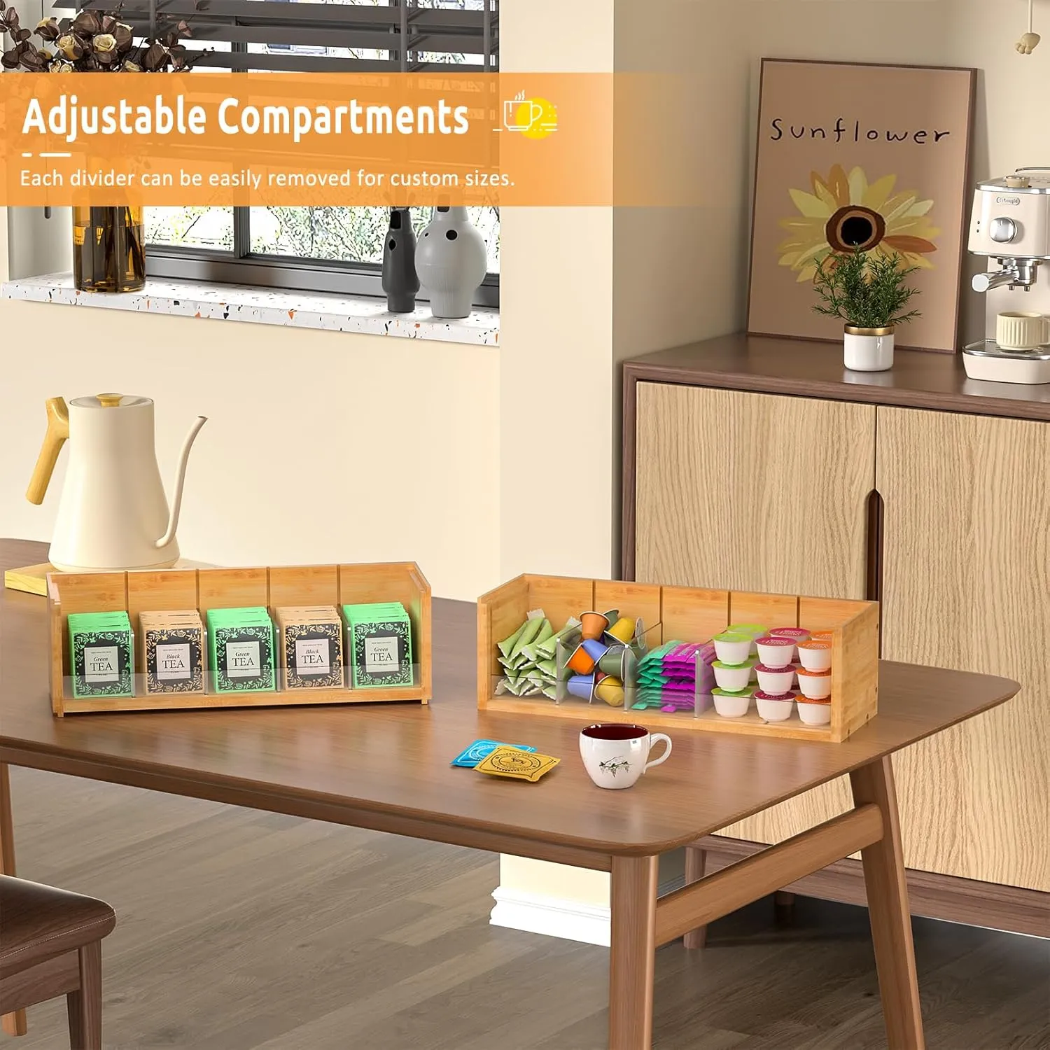 X-cosrack Bamboo Tea Bag Organizer Storage Box, 2-Tier Stackable Tea Box for Countertop, Wall Mount Tea Bag Holder, Tea Storage Chest Natural Wood for Office Kitchen Cabinet Pantry