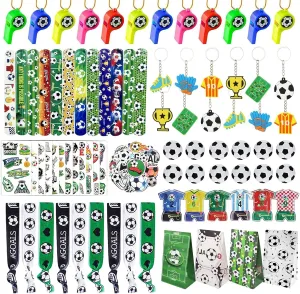 XIPEGPA 146 PCS Soccer Party Favors Soccer Birthday Party Supplies with Soccer Themed Bags Erasers Whistle Stickers Slap Bracelets Keychains for Football Sport Party Favors Goodie Bags Decorations