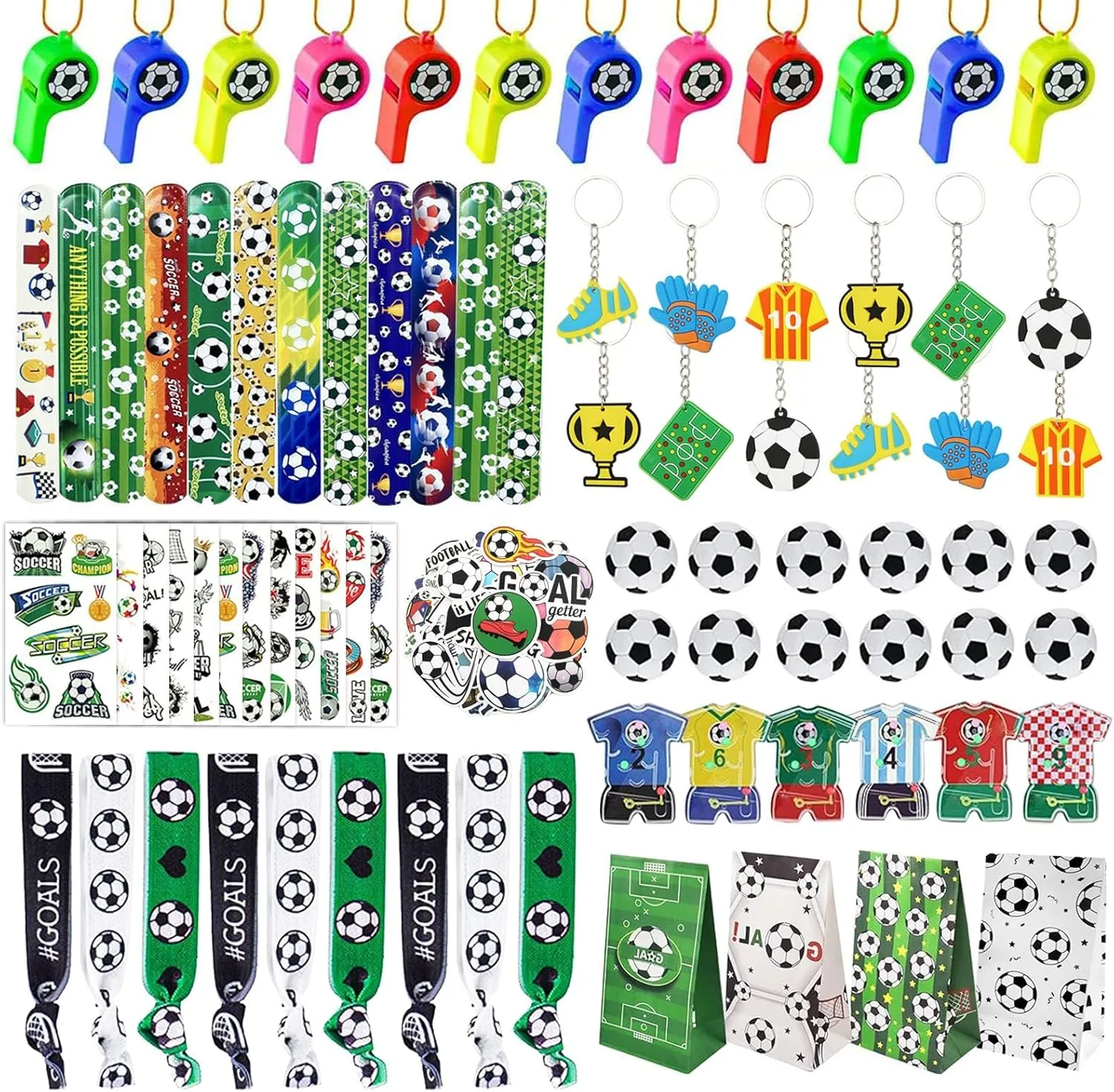 XIPEGPA 146 PCS Soccer Party Favors Soccer Birthday Party Supplies with Soccer Themed Bags Erasers Whistle Stickers Slap Bracelets Keychains for Football Sport Party Favors Goodie Bags Decorations
