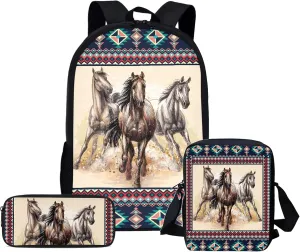 Xpyiqun Western Horse School Bag Backpack for Teen Girls Middle School Bookbag with Crossbody Bags Pencil Case Aztec Ethnic Geometric Schoolbags Bagpac Teenagers Kids Back Packs Daypack