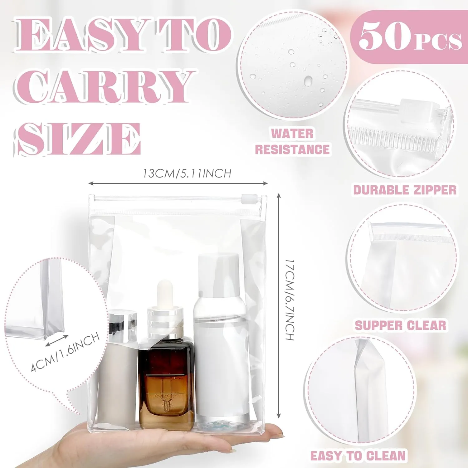 Xuniea 50 Pieces Mini Clear Makeup Bag Small Clear Zipper Pouch Travel Bag for Toiletries Plastic Cosmetic Organizer Waterproof for Women Men Vacation(5.11 x 6.7 x 1.6 in,Transparent)