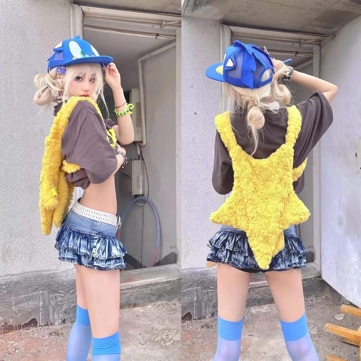 Y2K Star Bag Grunge Aesthetic Crossbody Bags for Women Trendy Plush Bag Acubi Cute Tote Bag Fluffy Purse Alt Accessories (Yellow)
