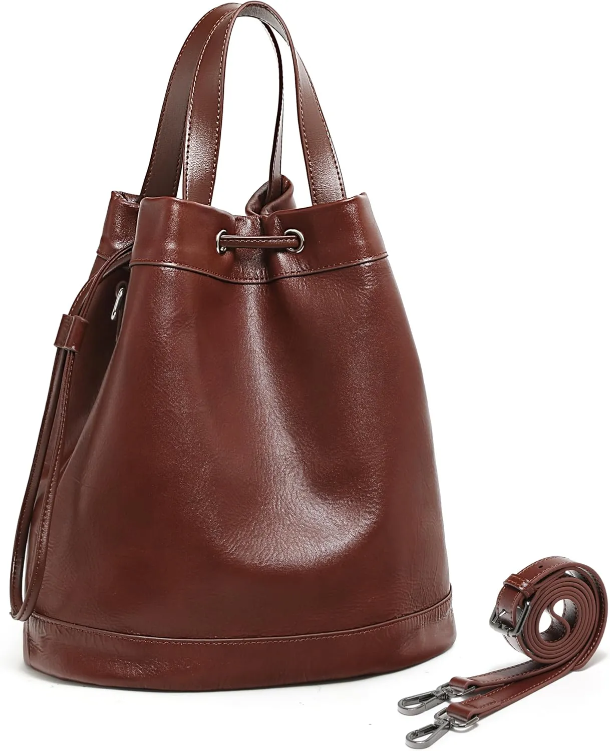 YALUXE Women's Soft Genuine Leather Shoulder Bags Bucket Bags Drawstring Handbags Purses with Cross-body Strap