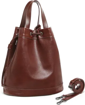 YALUXE Women's Soft Genuine Leather Shoulder Bags Bucket Bags Drawstring Handbags Purses with Cross-body Strap