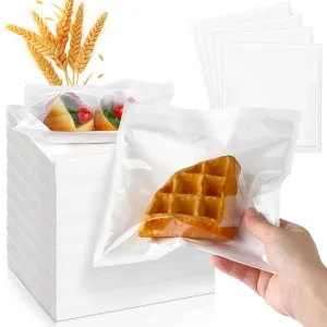 Yeaqee 1000 Pcs Bakery Bags 7.1 x 7.5 Inches Heat Sealable Donut Bag with Window Paper Sandwich Bag Grease Resistant Cookie Packaging Kraft Sleeves for Pastries Snacks Egg Biscuits Treat(White)