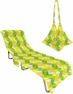 Yellow Green Abstract Geometric Chaise Lounger Cover with Pockets, Pool Lounge Chair Covers 85"x29", Simple Arrow Microfiber Beach Chair Cover for Outdoor Patio Sunbathing