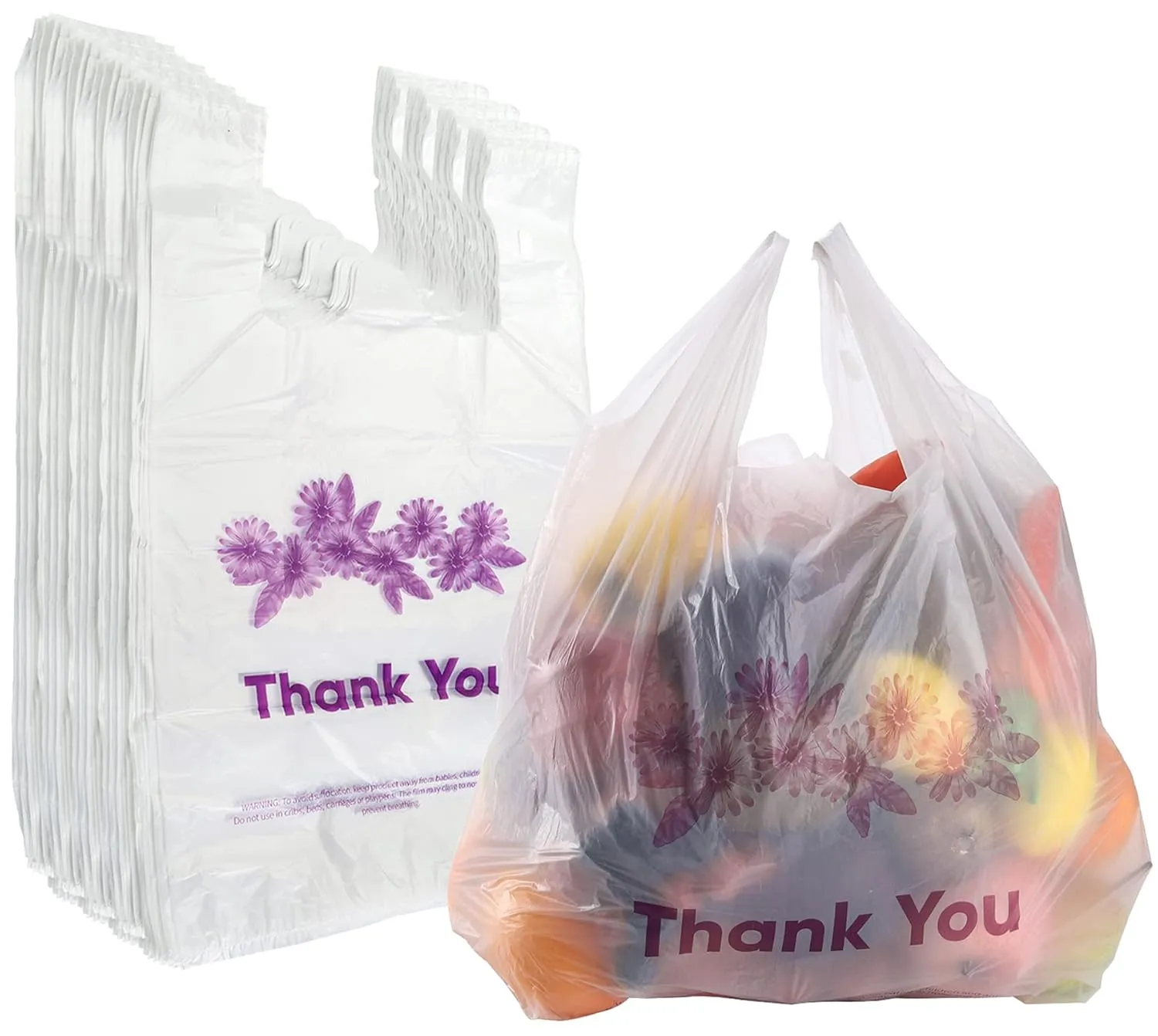 Yesland 500 Ct Reusable Grocery Bags, 13 x 7 x 21 Inch, 15 Mic, 0.6 Mil Bulk Shopping Bags for Grocery Retail Restaurant Purple Flower