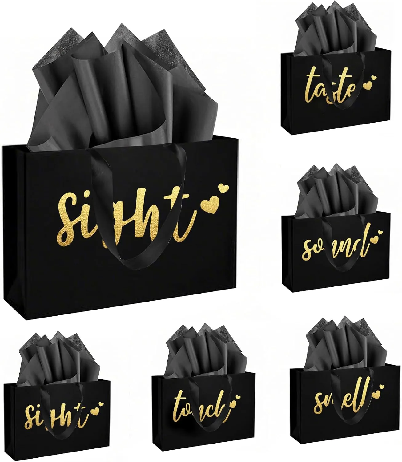 YIXAXKAO 5 Senses Gift Bags Five Senses Gift Bags with Tissue Paper Kraft Paper Bag with Ribbon Handles for Anniversary, Valentine's Day, Birthday for Him Husband Boyfriend (Black gold)