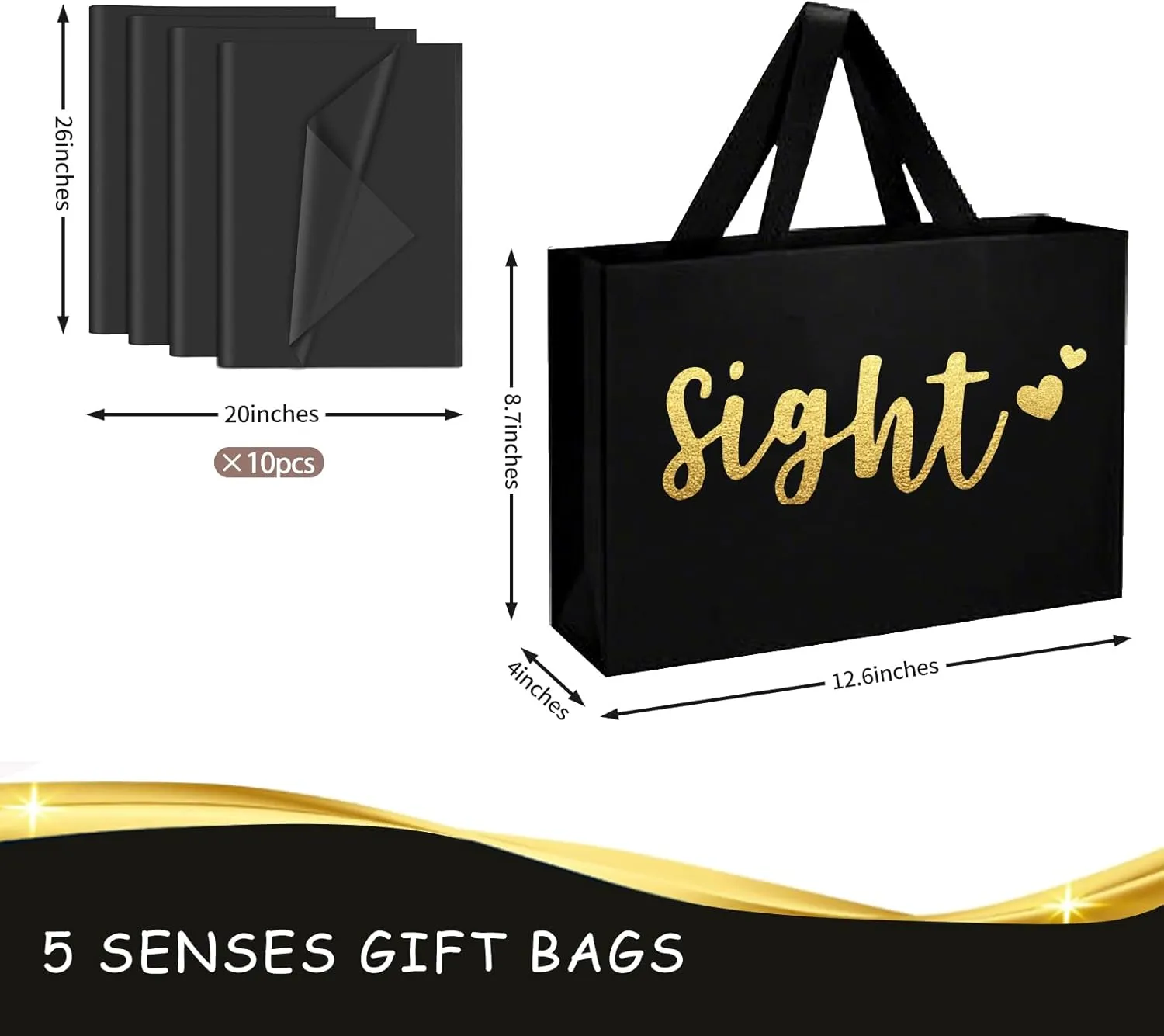YIXAXKAO 5 Senses Gift Bags Five Senses Gift Bags with Tissue Paper Kraft Paper Bag with Ribbon Handles for Anniversary, Valentine's Day, Birthday for Him Husband Boyfriend (Black gold)