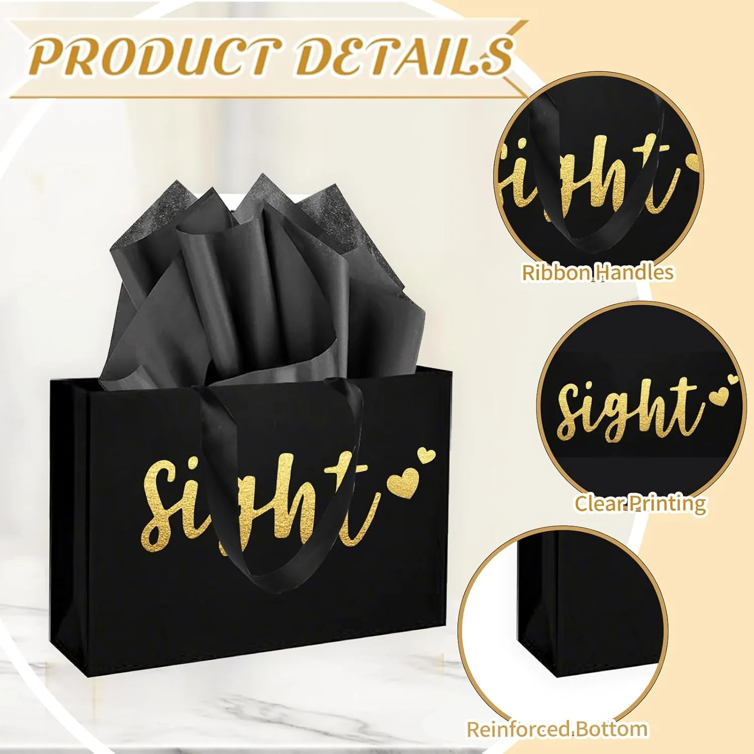YIXAXKAO 5 Senses Gift Bags Five Senses Gift Bags with Tissue Paper Kraft Paper Bag with Ribbon Handles for Anniversary, Valentine's Day, Birthday for Him Husband Boyfriend (Black gold)