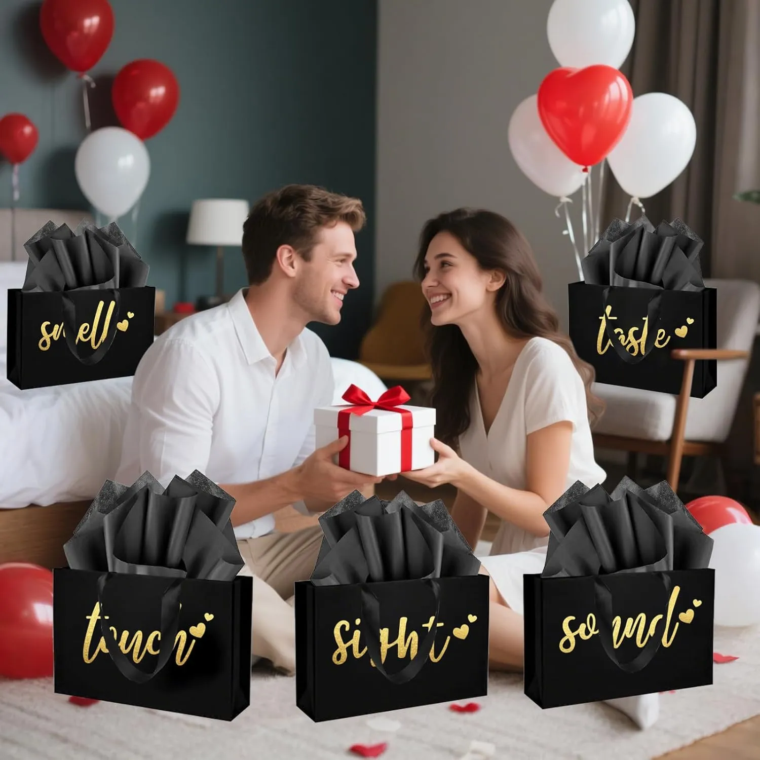 YIXAXKAO 5 Senses Gift Bags Five Senses Gift Bags with Tissue Paper Kraft Paper Bag with Ribbon Handles for Anniversary, Valentine's Day, Birthday for Him Husband Boyfriend (Black gold)