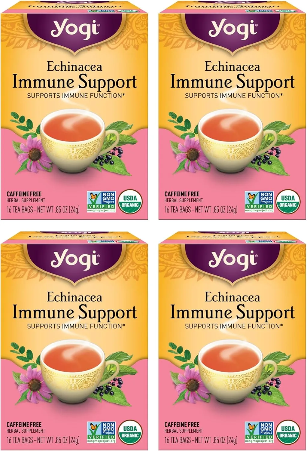 Yogi Tea Echinacea Immune Support Tea - 16 Tea Bags per Pack (4 Packs) - Organic Immunity Support Tea - Includes Peppermint Leaf, Lemongrass, Cinnamon Bark, Echinacea Purpurea, Licorice Root & More