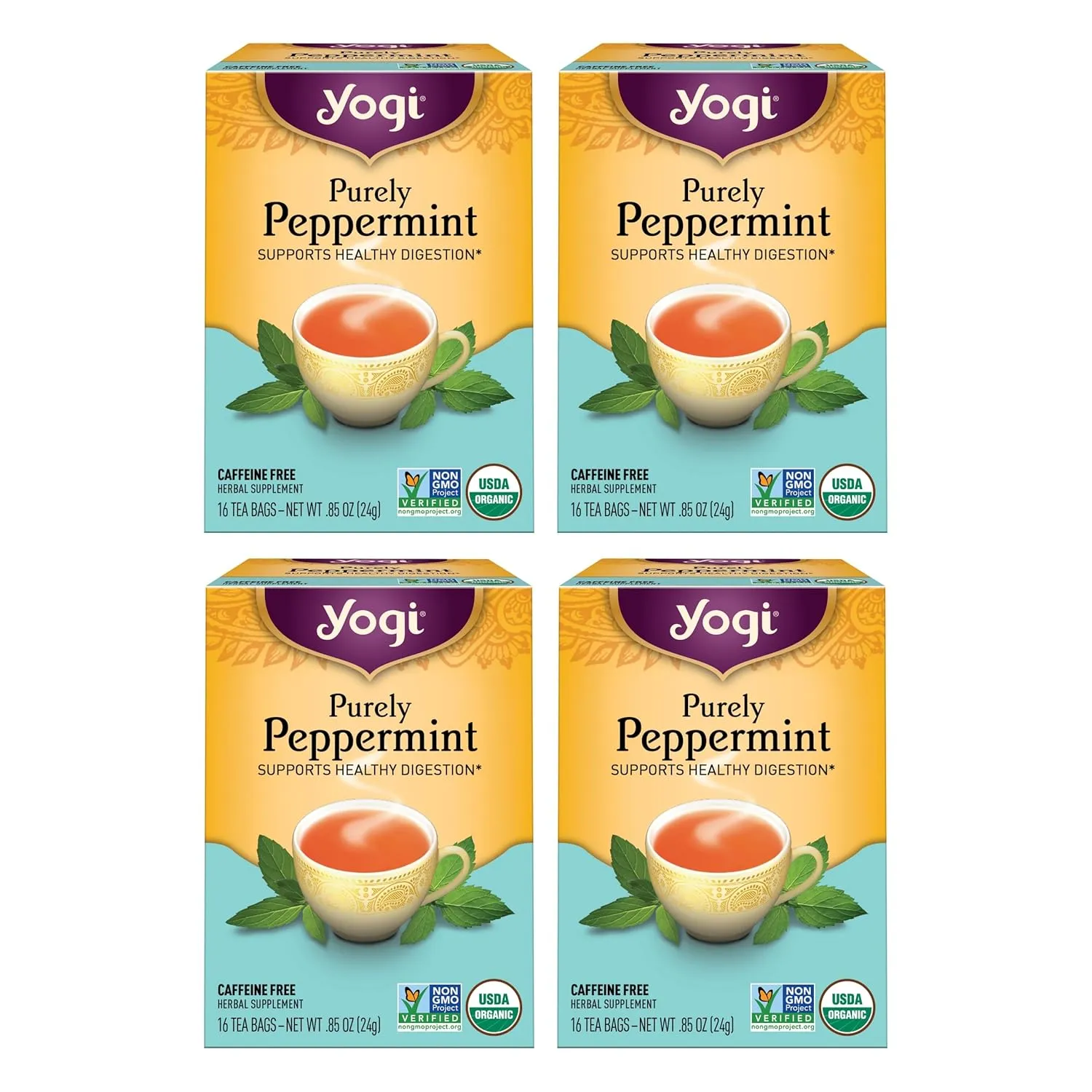 Yogi Tea Purely Peppermint Tea - 16 Tea Bags per Pack (4 Packs) - Caffeine-Free, Organic Peppermint Tea Bags - Offers Digestive Support - Made from Organic Peppermint Leaves