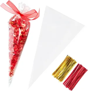 Yotelab Large Cone Cellophane Bags,7x15 Inches 200 PCS Clear Cone Shaped Treat Bags with Twist Ties