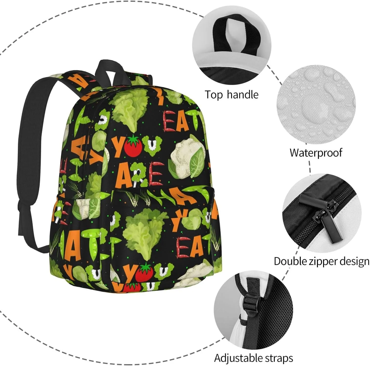 You Are What You Eat Vegetarian Backpack Casual Laptop Backpack Large Capacity Double Shoulder Bag Travel Daypack For Women Men