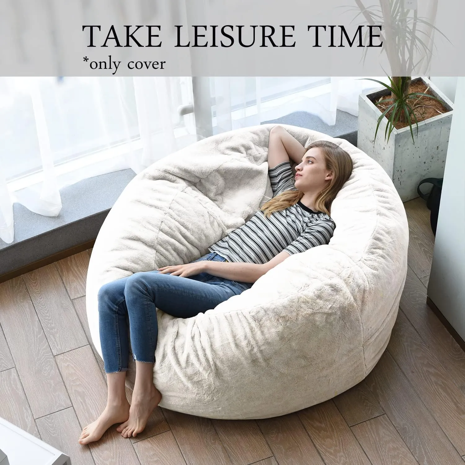 YuppieLife Fluffy Fur Bean Bag Chairs Cover for Adults(Just Cover,No Filler) 4Ft Machine Washable Large Size Lazy Sofa Cover Luxury/Replacement（Ivory）