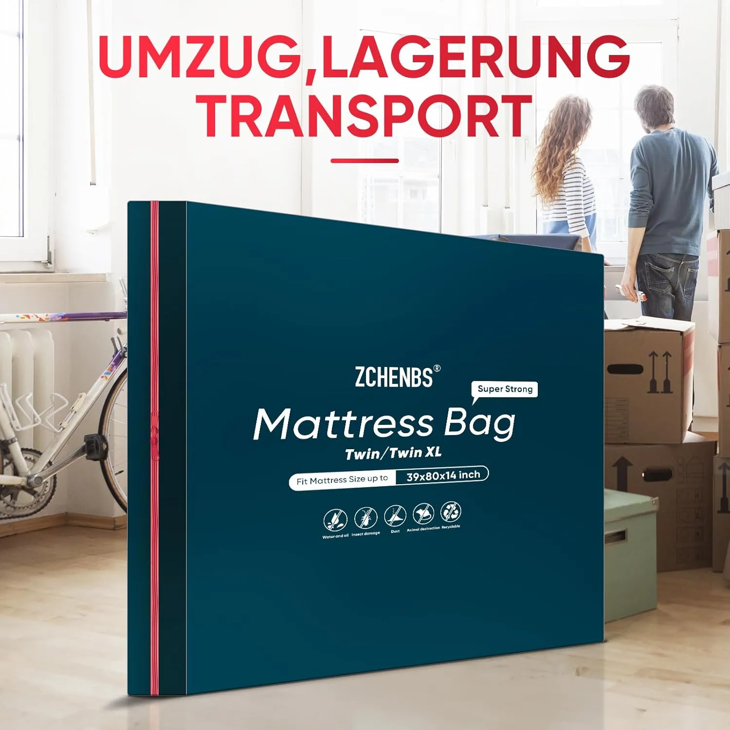 ZCHENBS® – Mattress Bags for Moving and Storage,Mattress Bag with Zippers,5 Mil Ultra-Thick Bed Bag,Waterproof,Anti-Tear,Heavy-Duty Mattress bag (Black, Twin/Twin XL-(2 Pack))