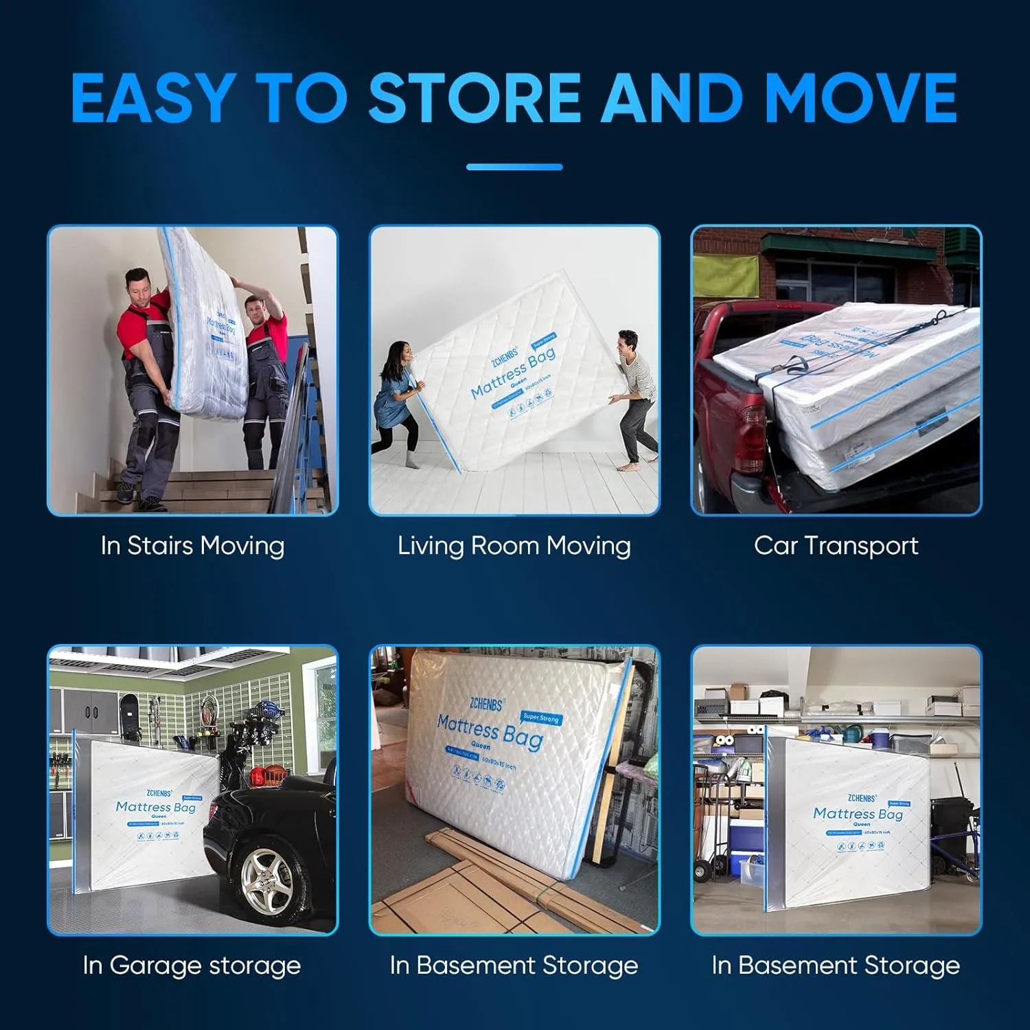 ZCHENBS® – Mattress Bags for Moving and Storage,Mattress Bag with Zippers,5 Mil Ultra-Thick Bed Bag,Waterproof,Anti-Tear,Heavy-Duty Mattress Bag (Transaparent/Blue, Queen-(2 Pack))
