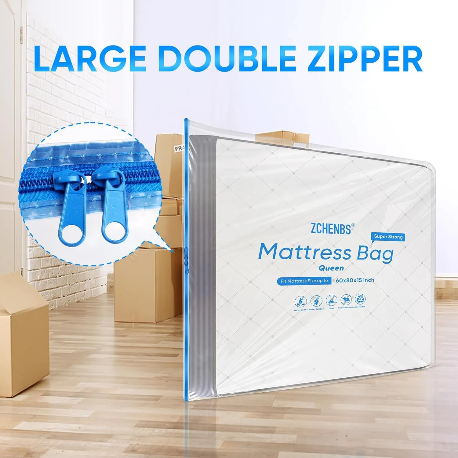 ZCHENBS® – Mattress Bags for Moving and Storage,Mattress Bag with Zippers,5 Mil Ultra-Thick Bed Bag,Waterproof,Anti-Tear,Heavy-Duty Mattress Bag (Transaparent/Blue, Queen-(2 Pack))