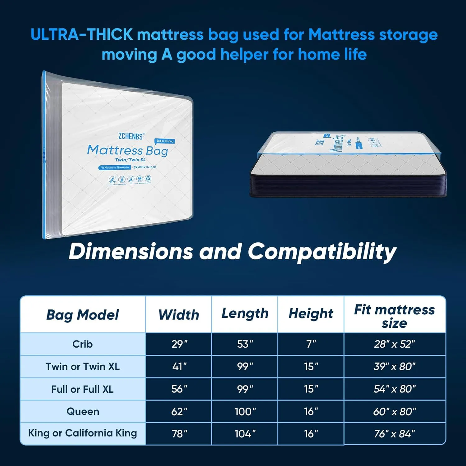 ZCHENBS® – Mattress Bags for Moving and Storage,Mattress Bag with Zippers,5 Mil Ultra-Thick Bed Bag,Waterproof,Anti-Tear,Heavy-Duty Mattress Bag (Transaparent/Blue, Queen-(2 Pack))