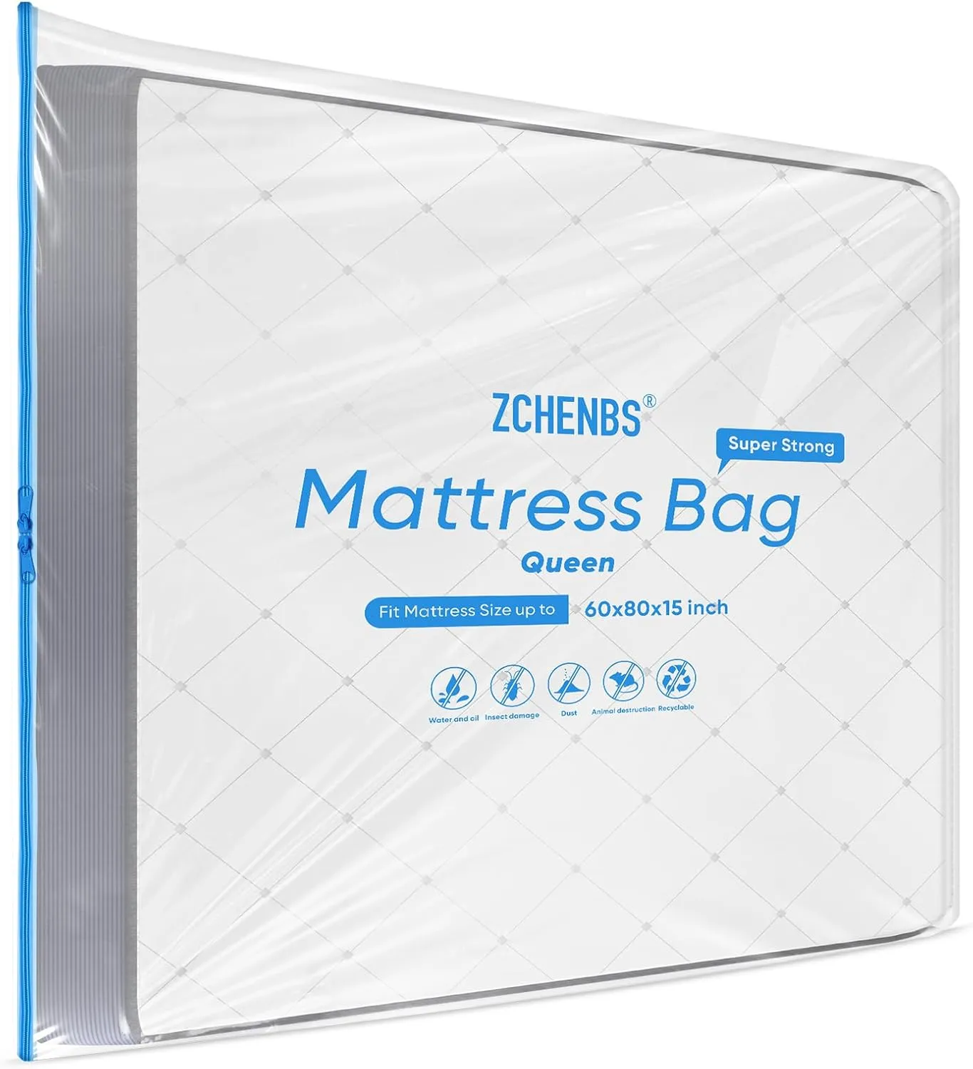 ZCHENBS® – Mattress Bags for Moving and Storage,Mattress Bag with Zippers,5 Mil Ultra-Thick Bed Bag,Waterproof,Anti-Tear,Heavy-Duty Mattress Bag (Transaparent/Blue, Queen-(2 Pack))