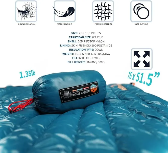 ZOOOBELIVES Ultralight Down Camping Blanket - 1.35lbs, 650 Fill Power Puffy Quilt. Compact & Warm Comforter for Travel, Beach, Hammock, Backpacking - Elevate Your Outdoor Comfort - AlpliveR300