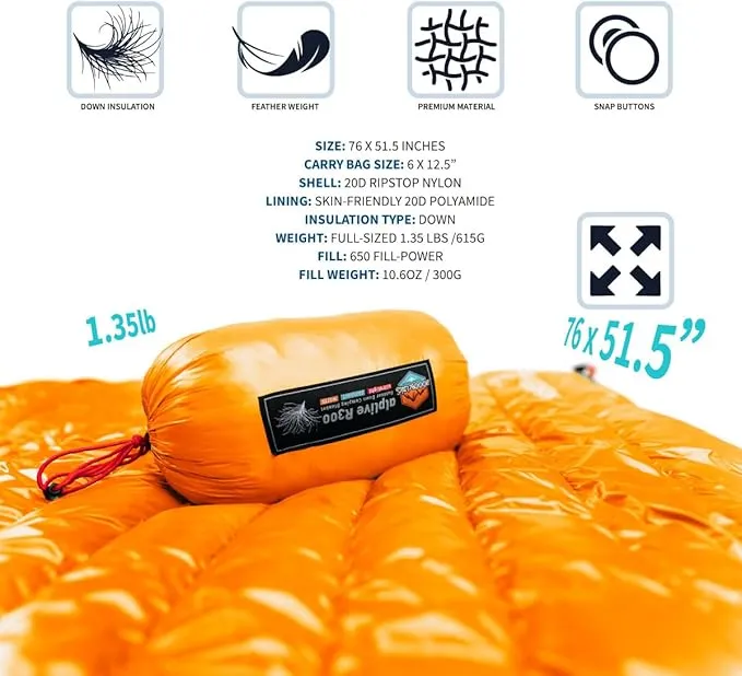 ZOOOBELIVES Ultralight Down Camping Blanket - 1.35lbs, 650 Fill Power Puffy Quilt. Compact & Warm Comforter for Travel, Beach, Hammock, Backpacking - Elevate Your Outdoor Comfort - AlpliveR300