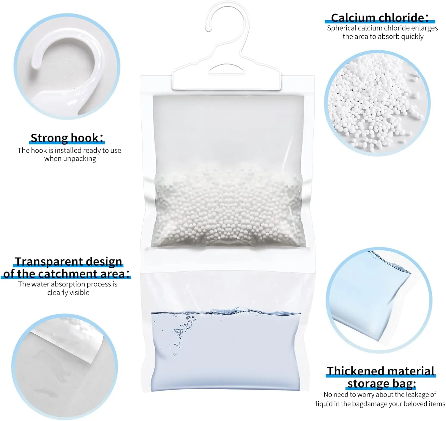 ZSZMFH 12 Pack Moisture Absorber Hanging Bags, Fragrance Free Humidity Packs, Hanging Closet Dehumidifier Bags-220g/pack